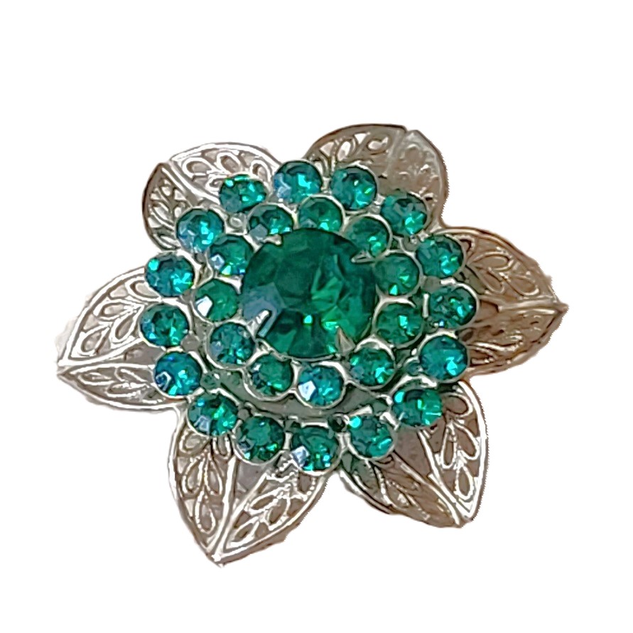 Green rhinestone pin, vintage pin with green rhinestones flower desgin and filigree detail