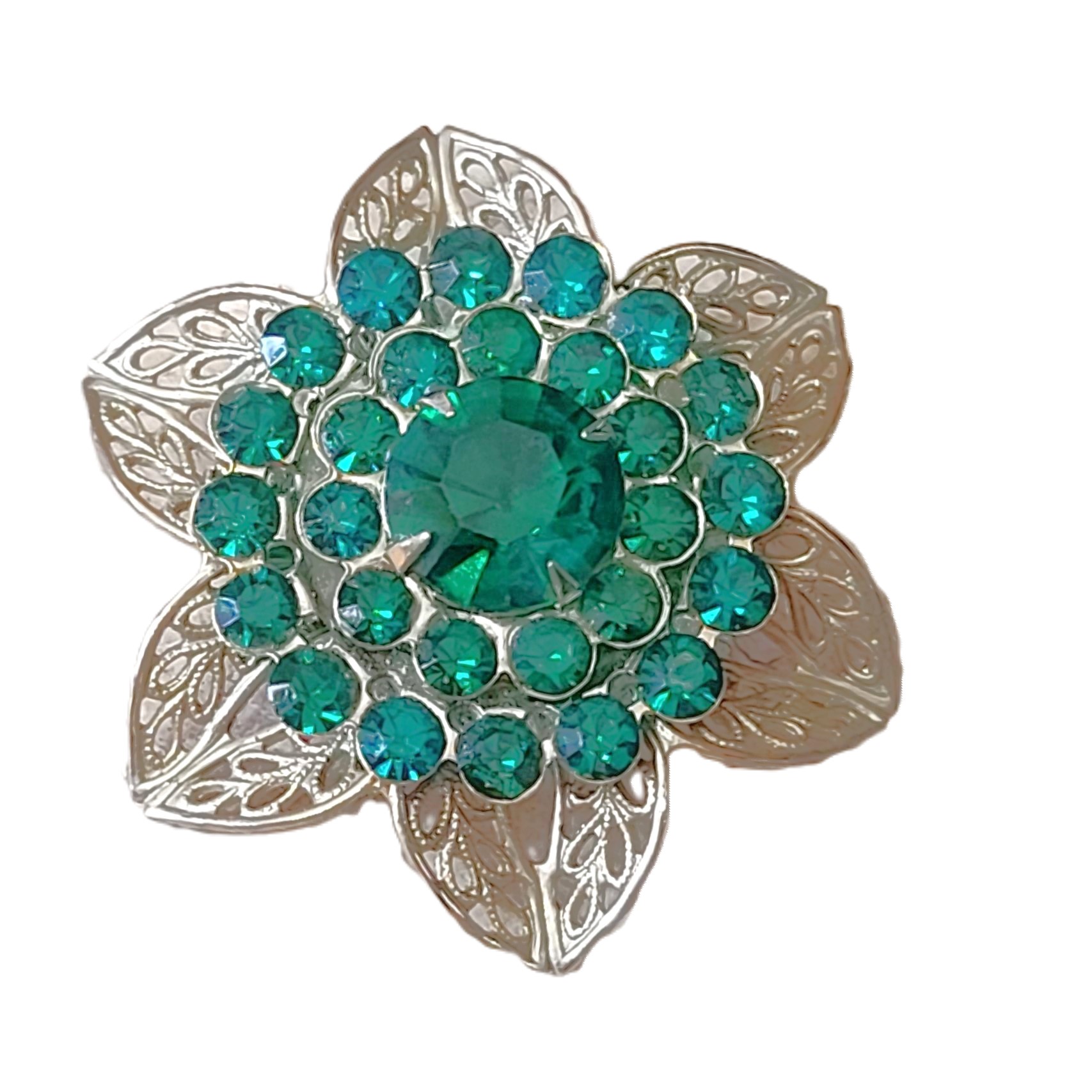 Green rhinestone pin, vintage pin with green rhinestones flower desgin and filigree detail