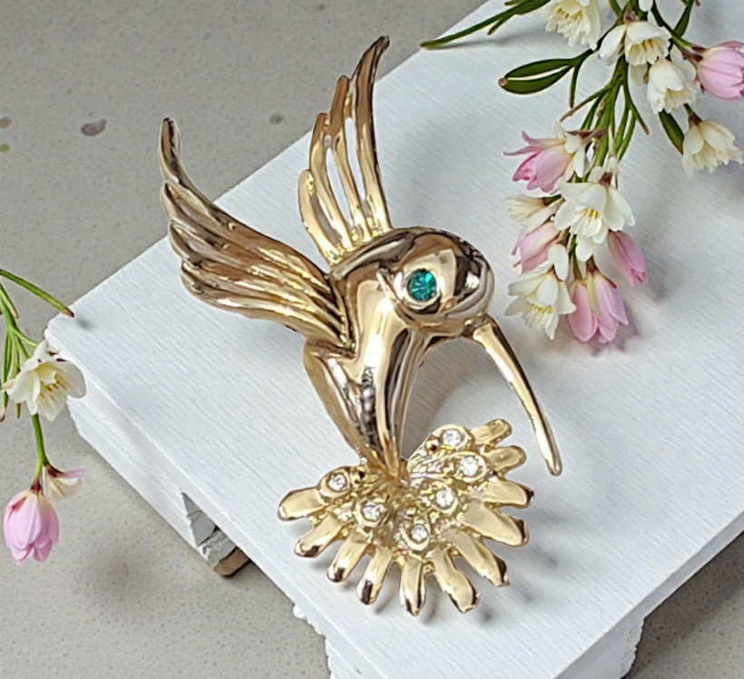 Hummingbird Pin with Green & White Rhinestone Accents