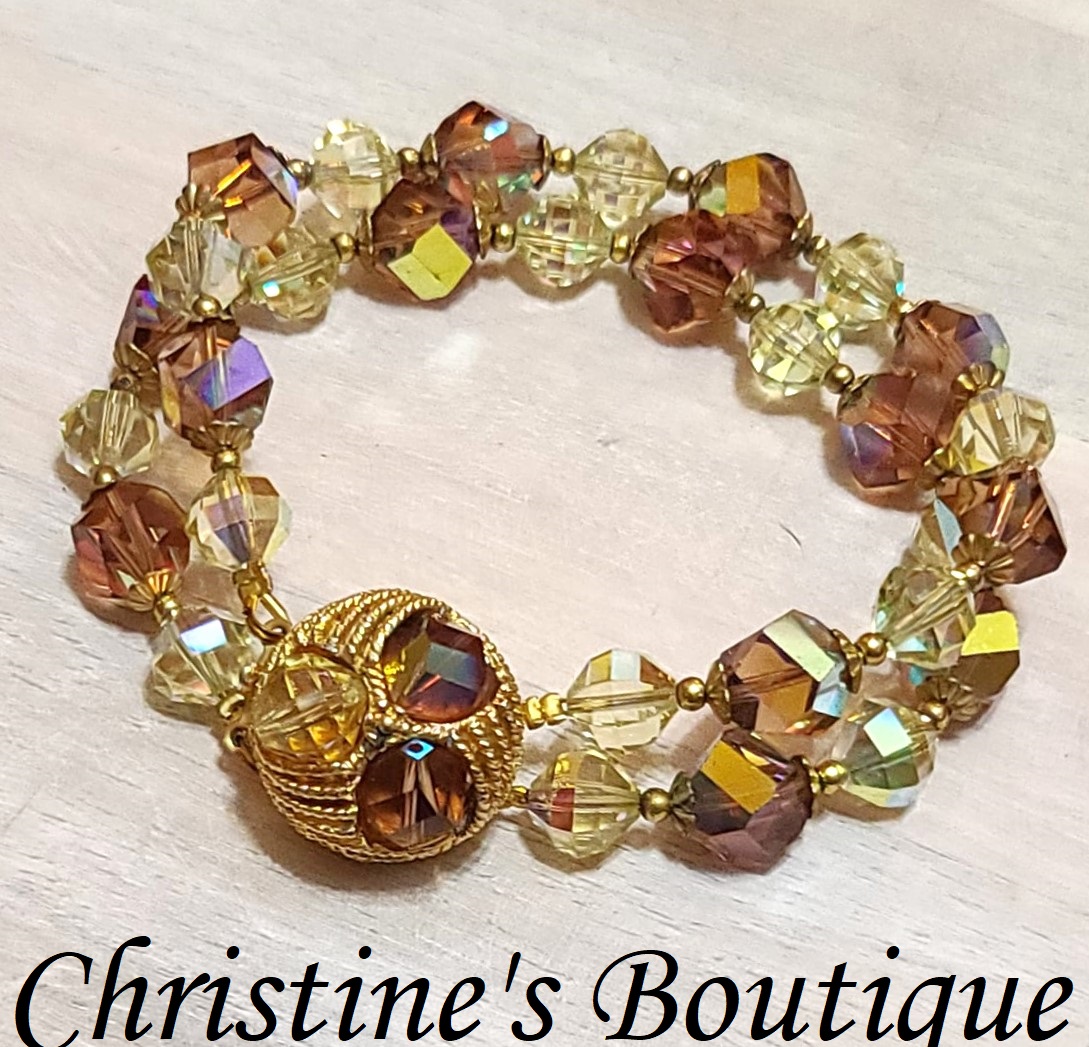 Czech glass bracelet, with auroa borealis topaz color crystals, double row with vintage clasp - Click Image to Close