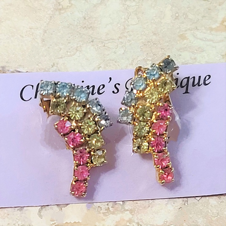 Pastel rhrinestone earrings, blue, green and pink rhinestone combination, vintage clip ons - Click Image to Close