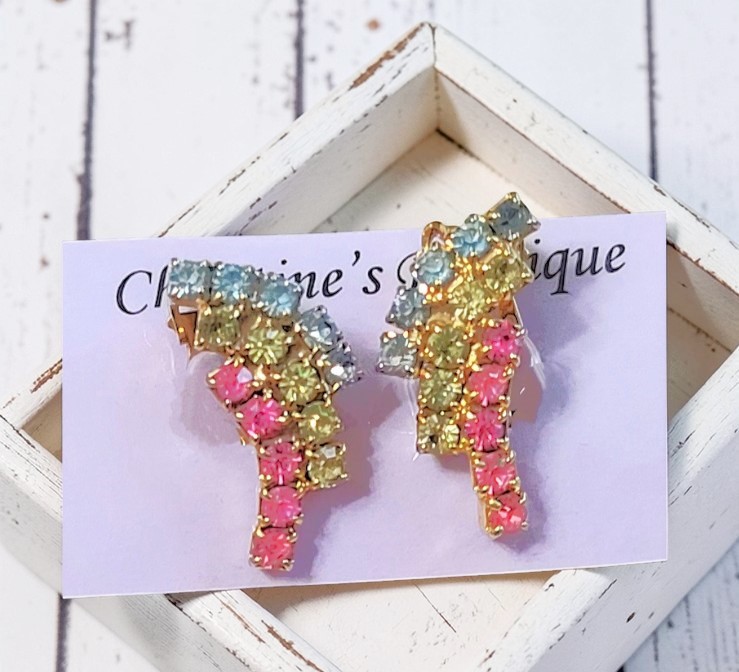 Pastel Rhinestone Clip on Earrings Colors Blue Green Pink