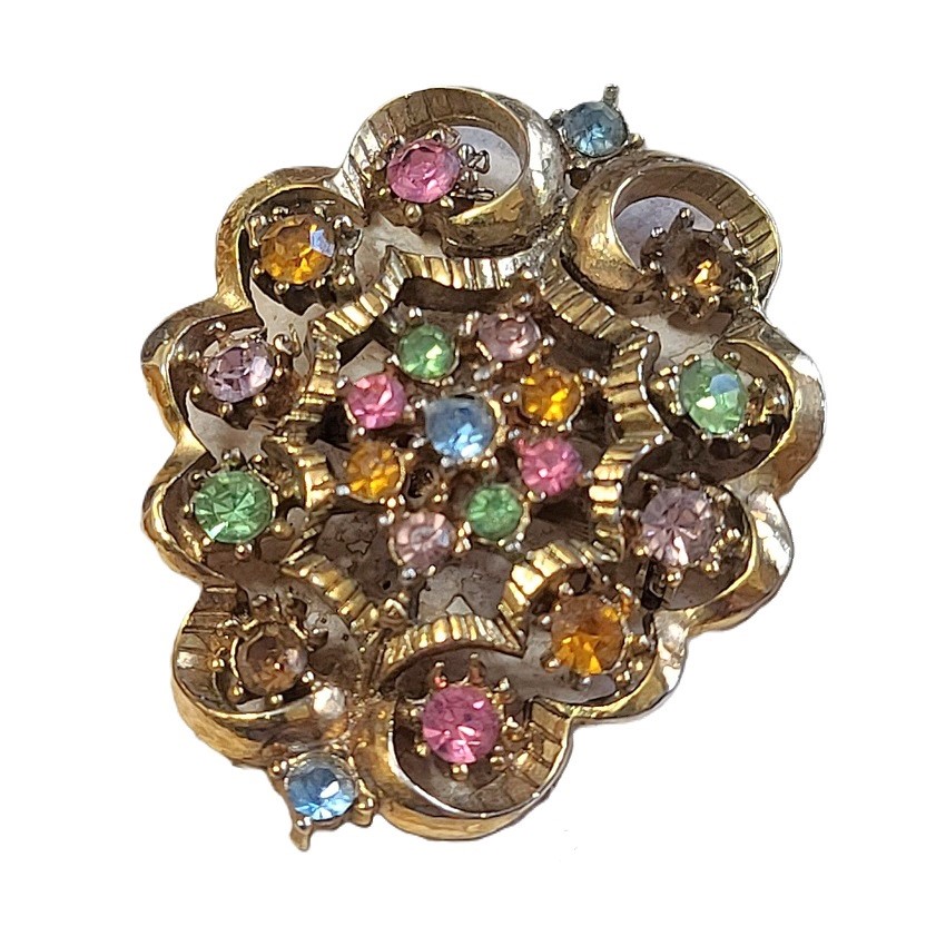 Pastel Color Blue Green & Pink Rhinestone Pin - Click Image to Close