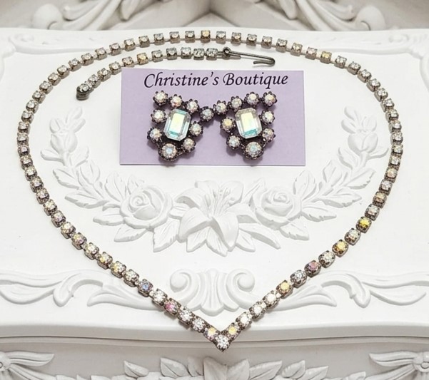 Aurora Borealis Rhinestone V Shape Necklace & 1928 Earrings