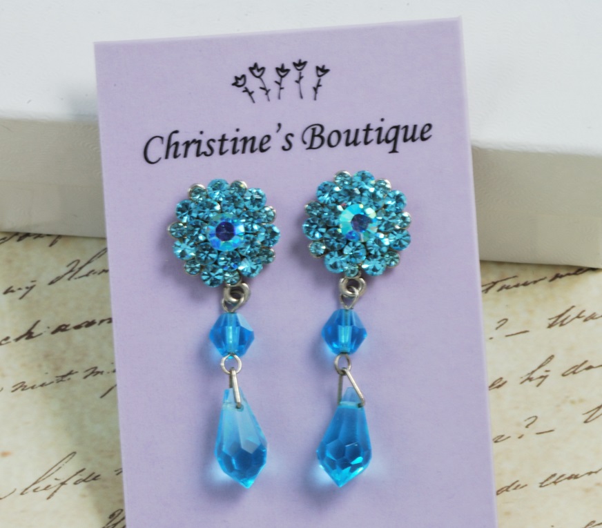 Austrian Crystal Teal Turquoise Drop Pierced Earrings by 1928