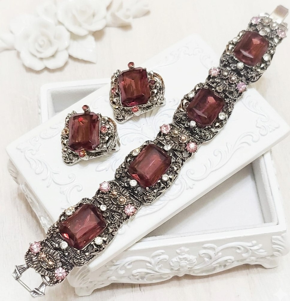 Rhinestone chunky bracelet and clip on earrings, vintage set, purple glass and pink rhinestones