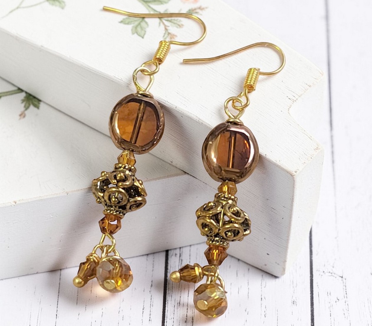 Amber Glass Beaded Dangle Earrings
