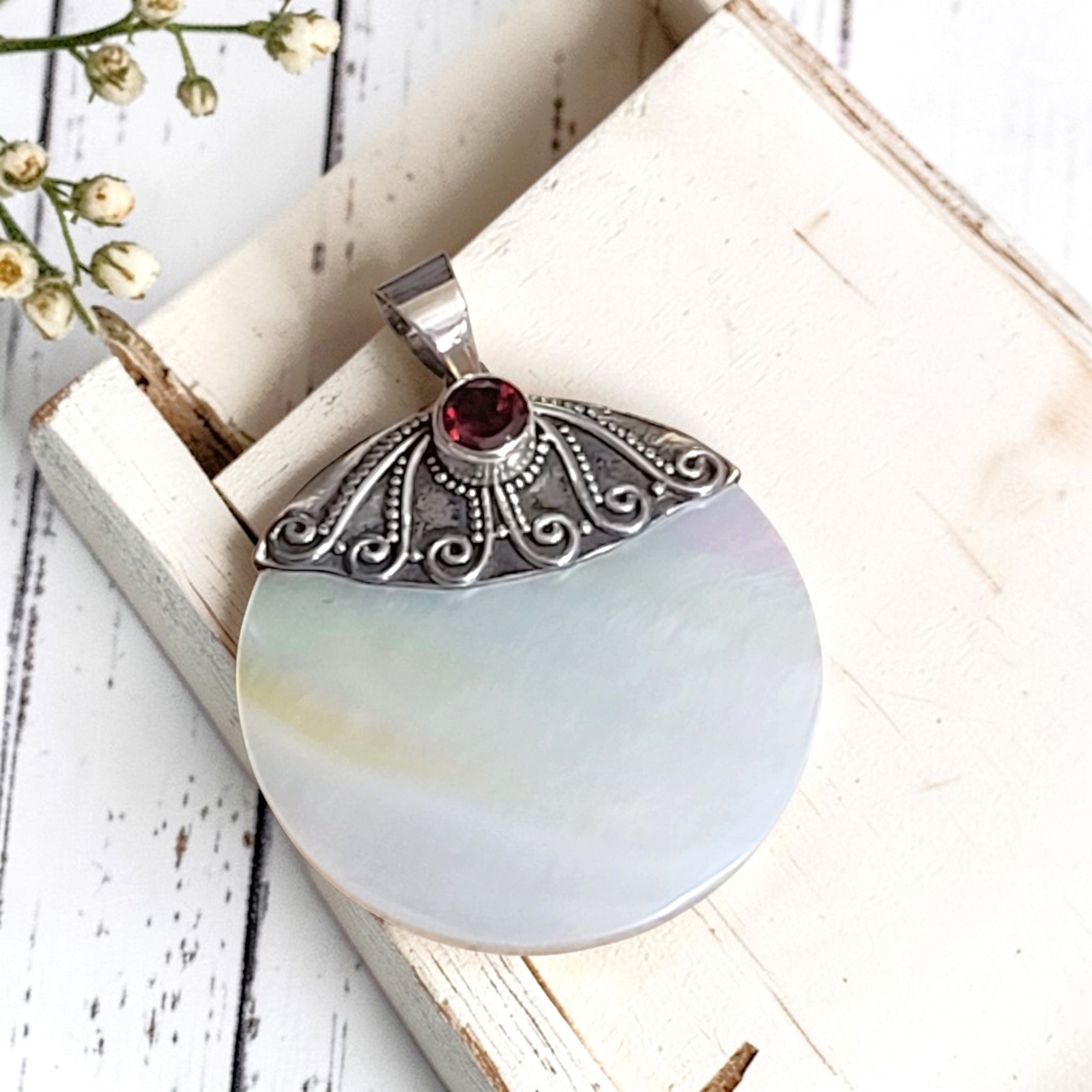 Gemstone Abalone Shell Pendant with Garnet Gemstone