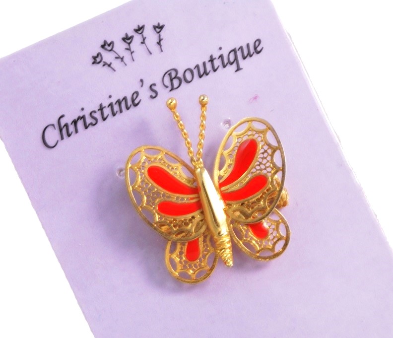 Filigree Brass & Red Enamel Small Butterfly Brooch 1"