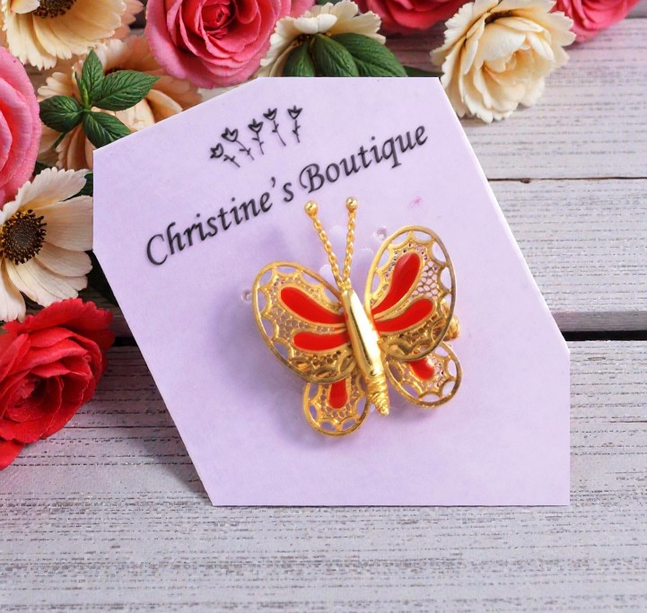 Brass & Red Enamel Small Butterfly Brooch 1"