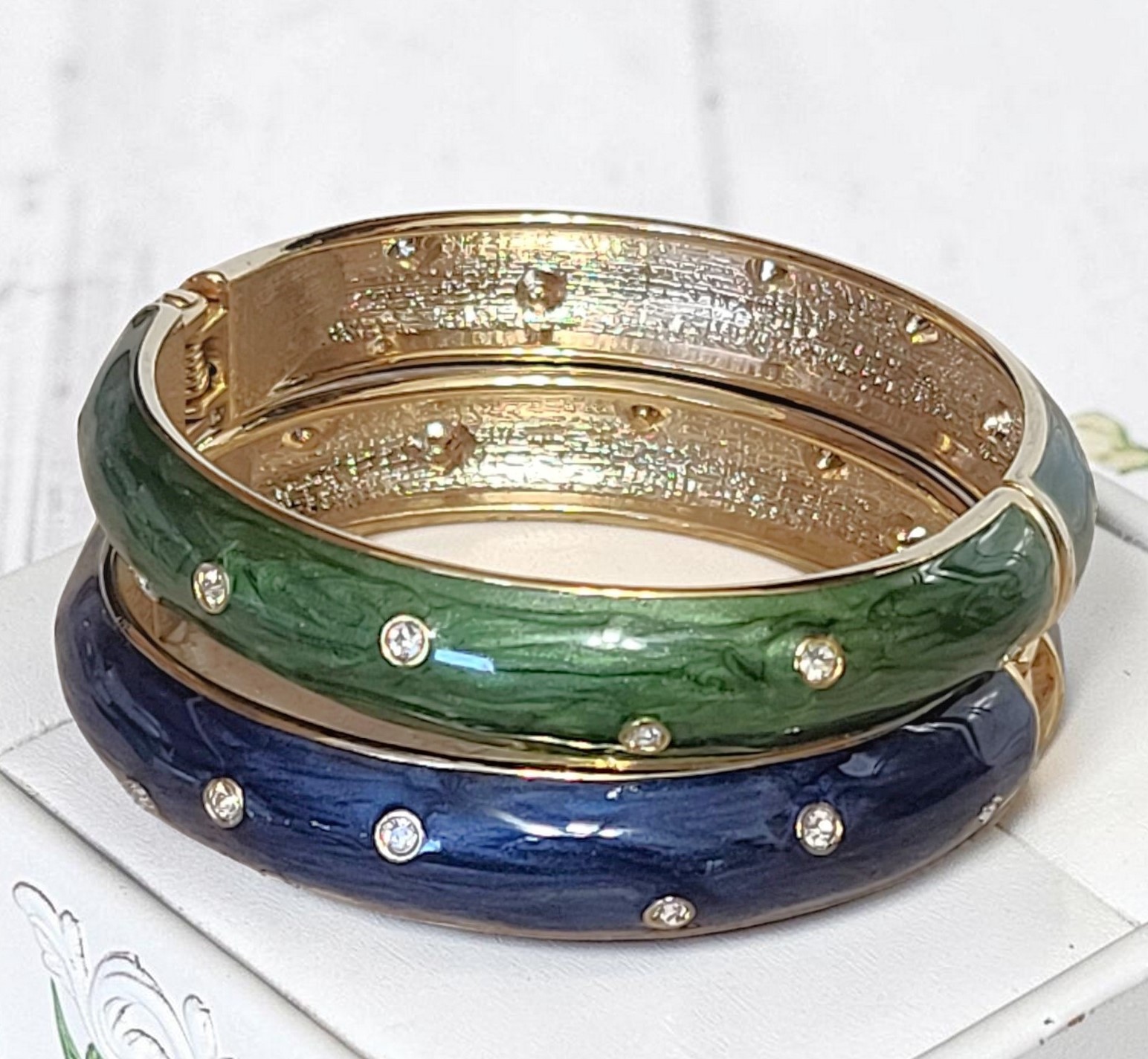 Enamel bracelets with cubic zirconia, oval bangle, set of 2, green and blue
