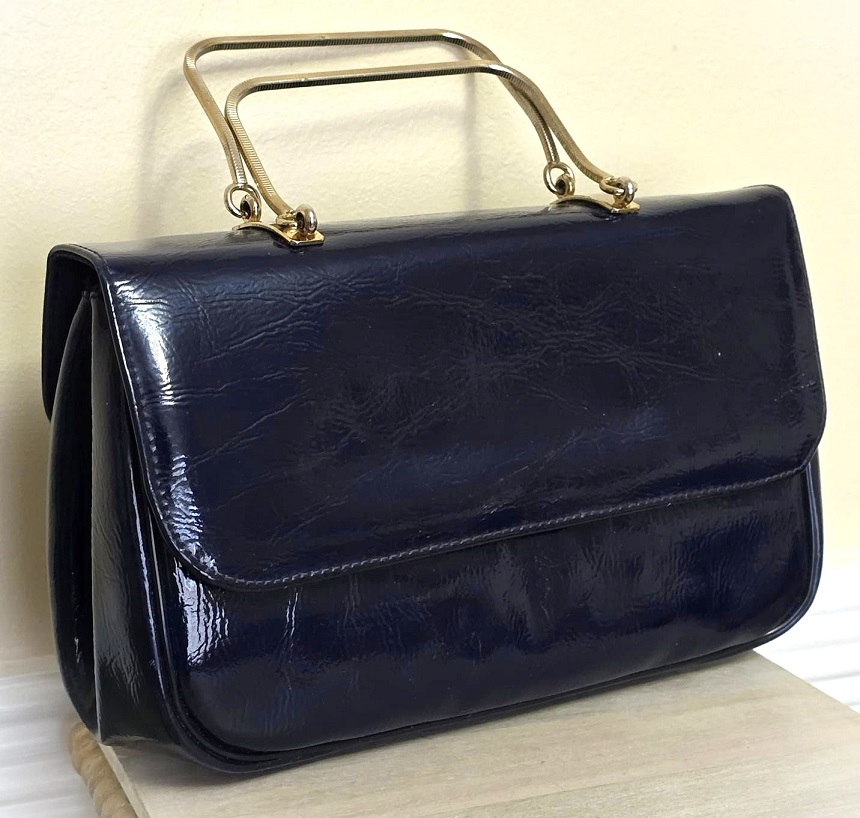 Blue patent leather purse, vintage vinyl purse, vintage blue purse, designer Be May NY