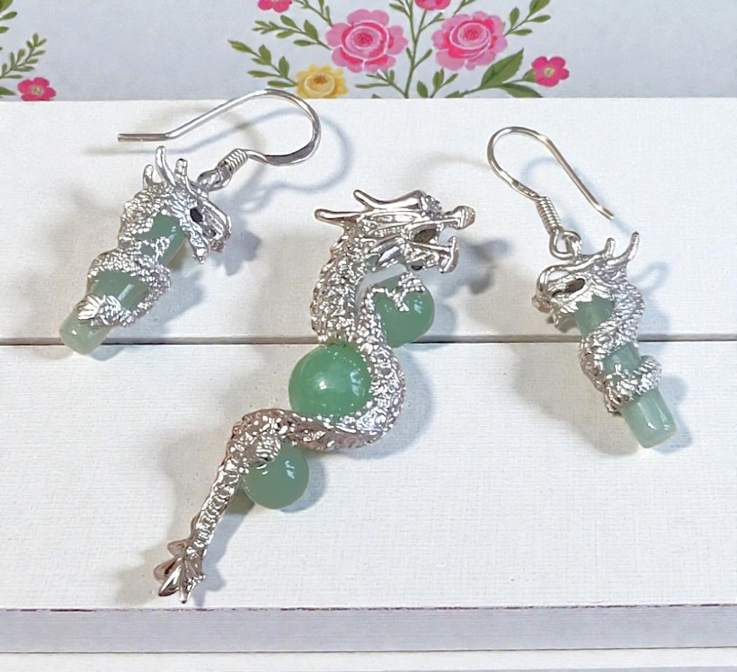 Dragon pendant and earrings set, jade gemstone in sterling silver