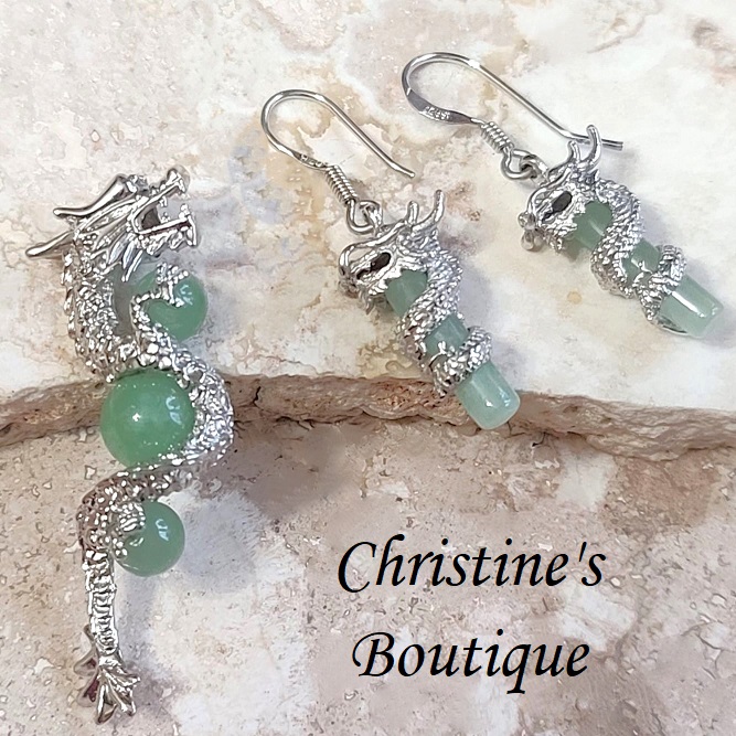 Dragon pendant and earrings set, jade gemstone in sterling silver