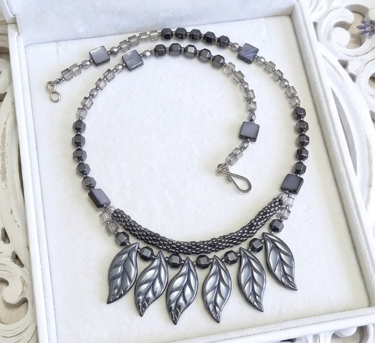Hematite necklace, handcrafted necklace, hematite leaves, czech crystal and glass beaded necklace