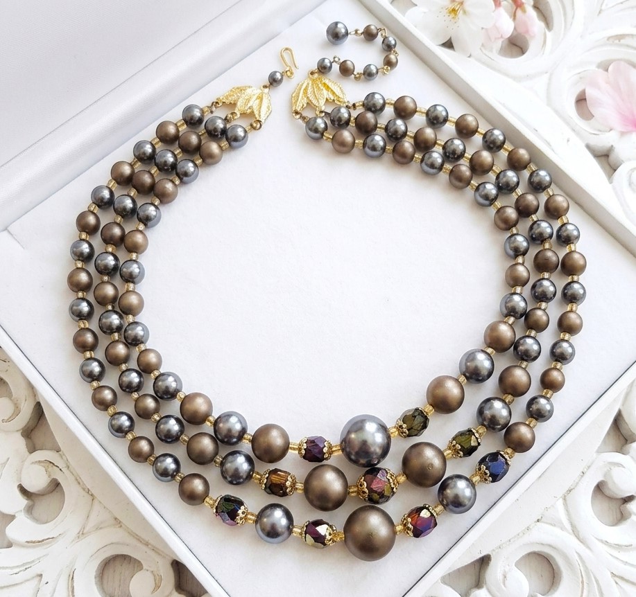 Vintage 3 Row Choker Necklace with gray, bronze and brown colors