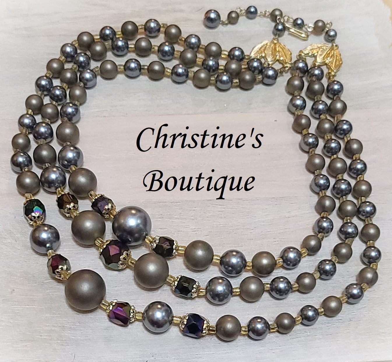 Grays, bronze and browns 3 strand beaded vintage necklace - Click Image to Close