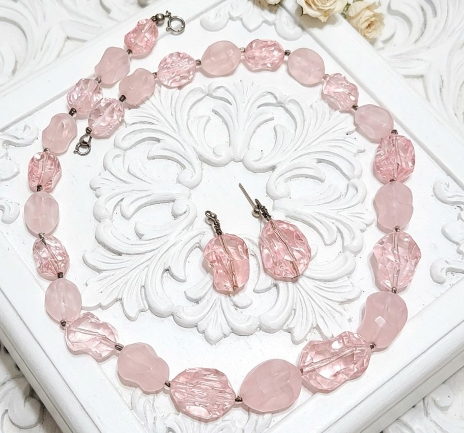 Pink Ice and Frost Nugget Necklace and Pierced Earrings