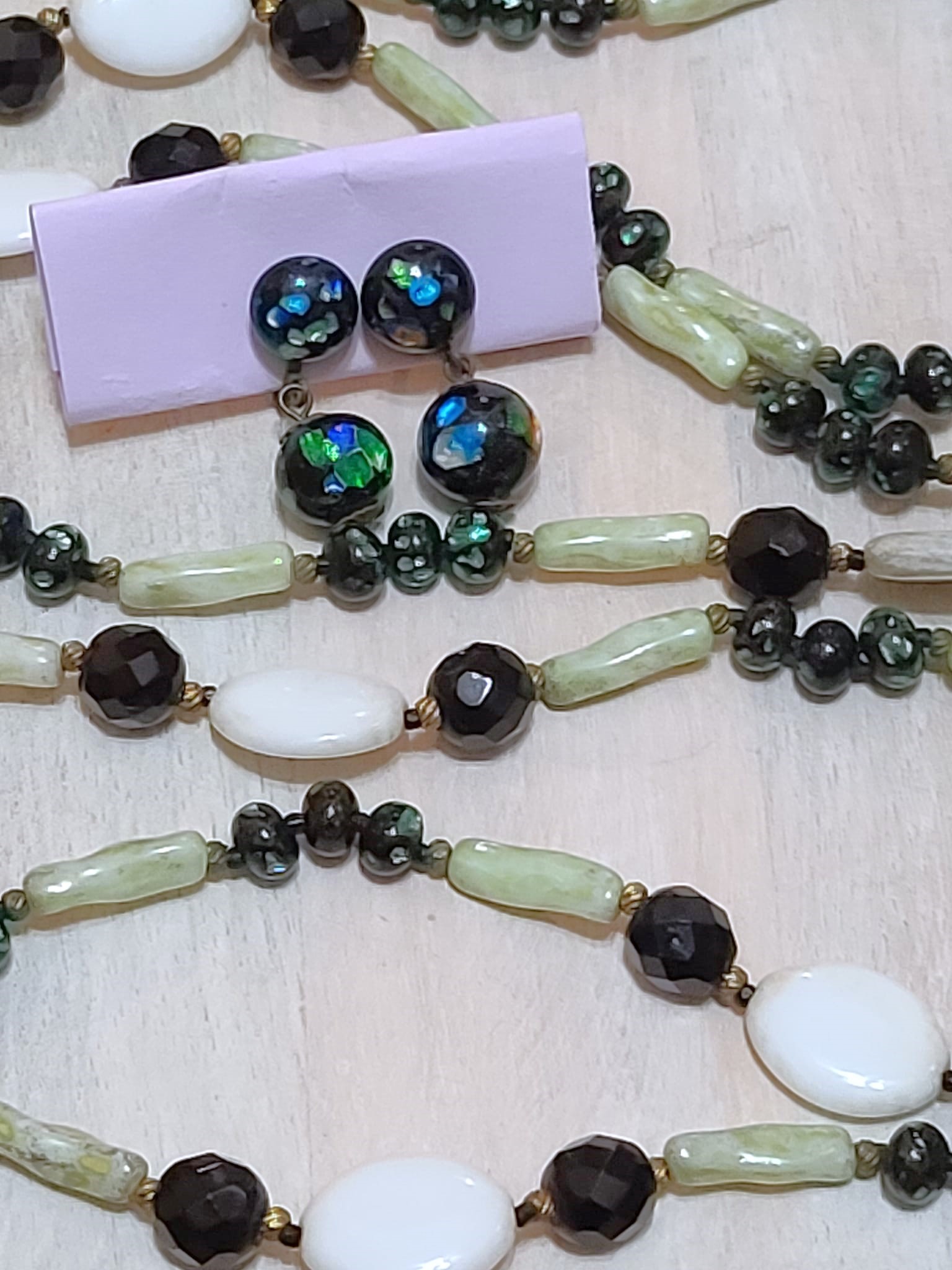 Glass flapper necklace, vintage, green confetti, light green and black glass beads, with confetti glass, earrings, screwbacks 52" long