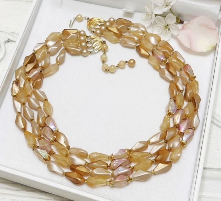 Irridscent carmel color 4 strand beaded necklace signed HongKong