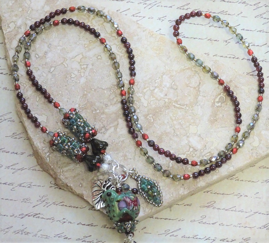 Garnet gemstone lampwork frog charm lariat necklace