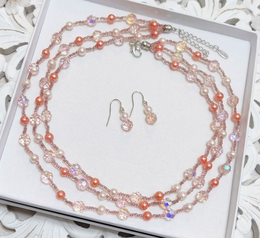 Pink Crystal & Pearl Signed Esmore 3 Row Necklace & Earrings