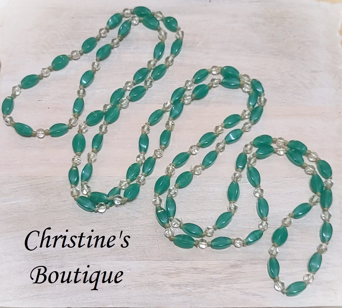 Green & White Glass Bead Flapper Necklace 46" - Click Image to Close
