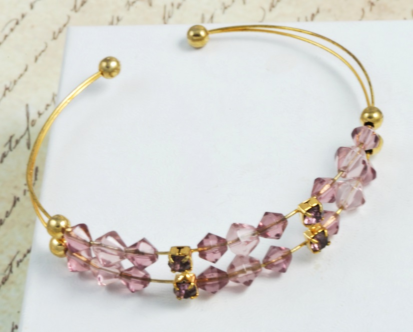 Rhinestone & Amethyst Crystals Goldtone Wire Cuff Bracelet