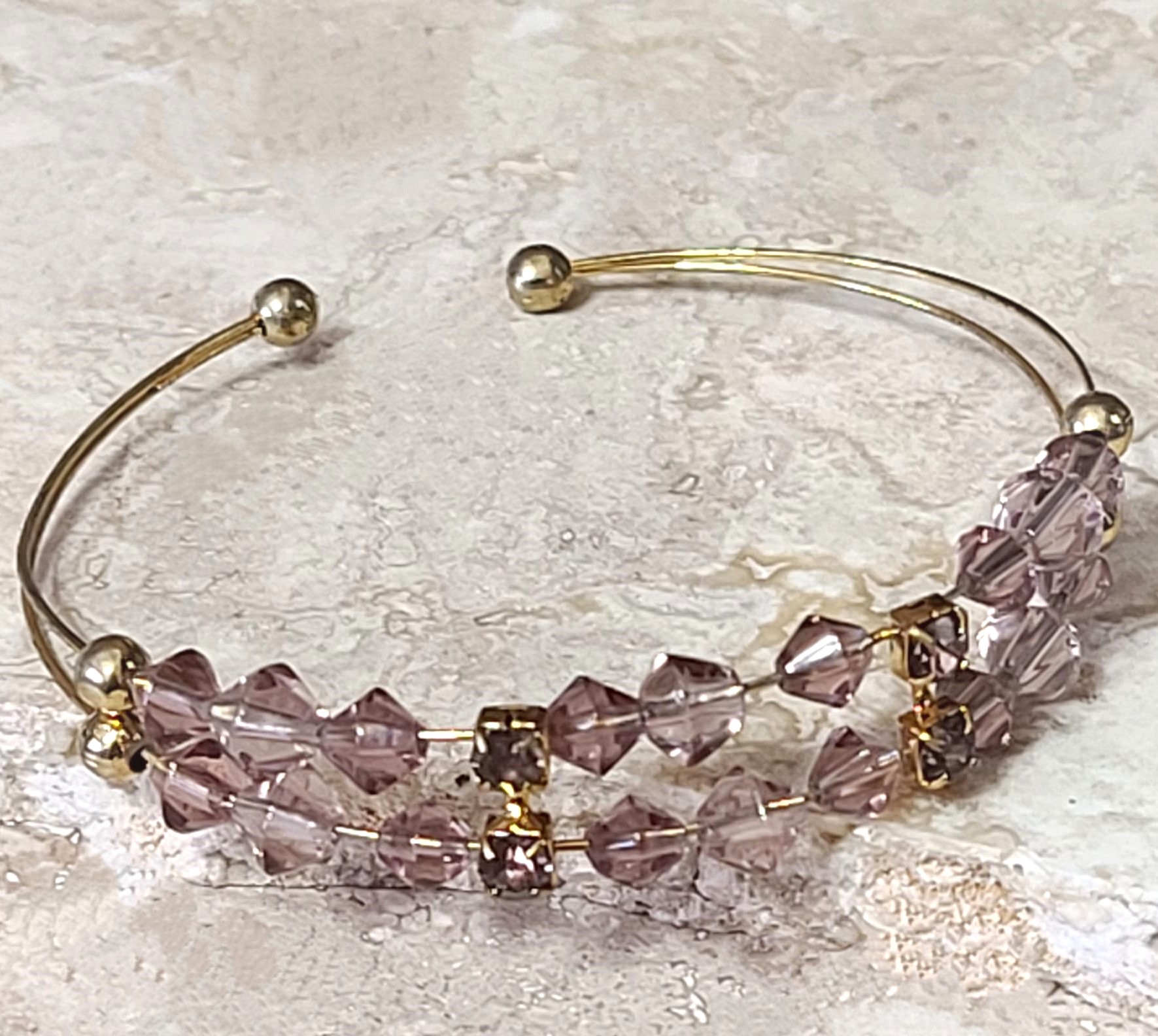 Purple austrian cyrstals and rhinestone dainty wire cuff bracelet, vintage bracelet