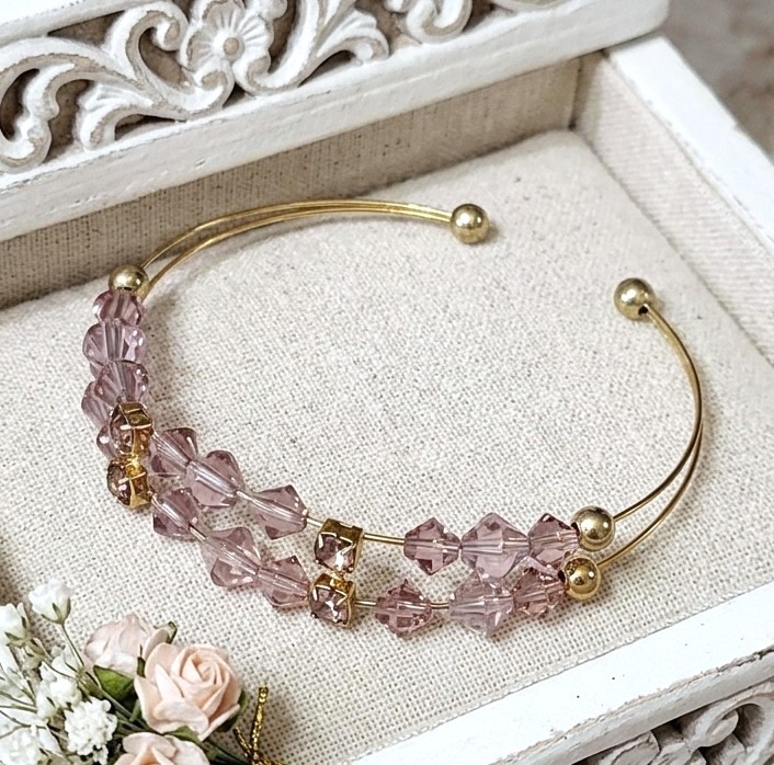 Purple austrian cyrstals and rhinestone dainty wire cuff bracelet, vintage bracelet