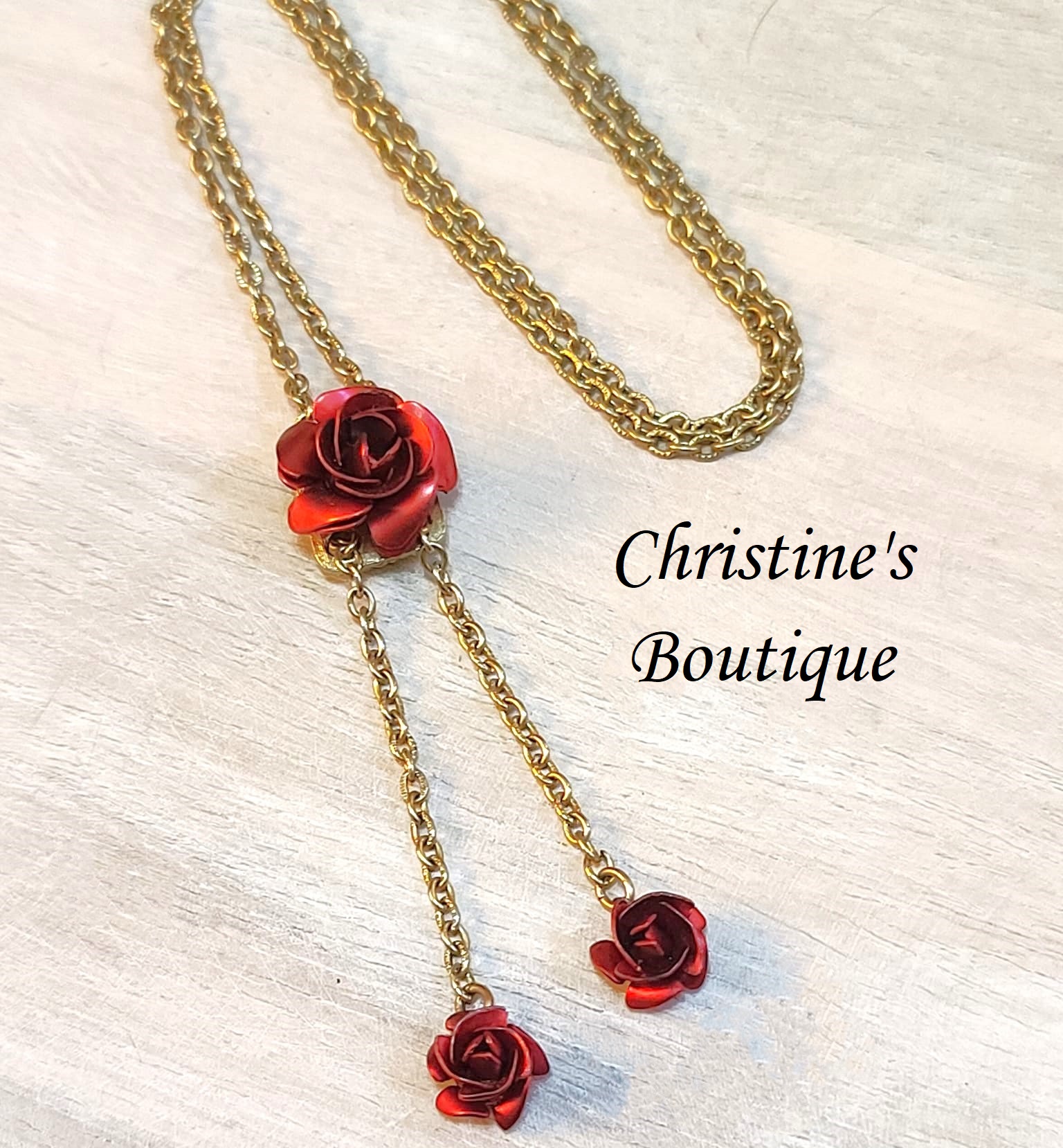 Rose lariat necklace, vintage necklace, adjustable lariate, - Click Image to Close