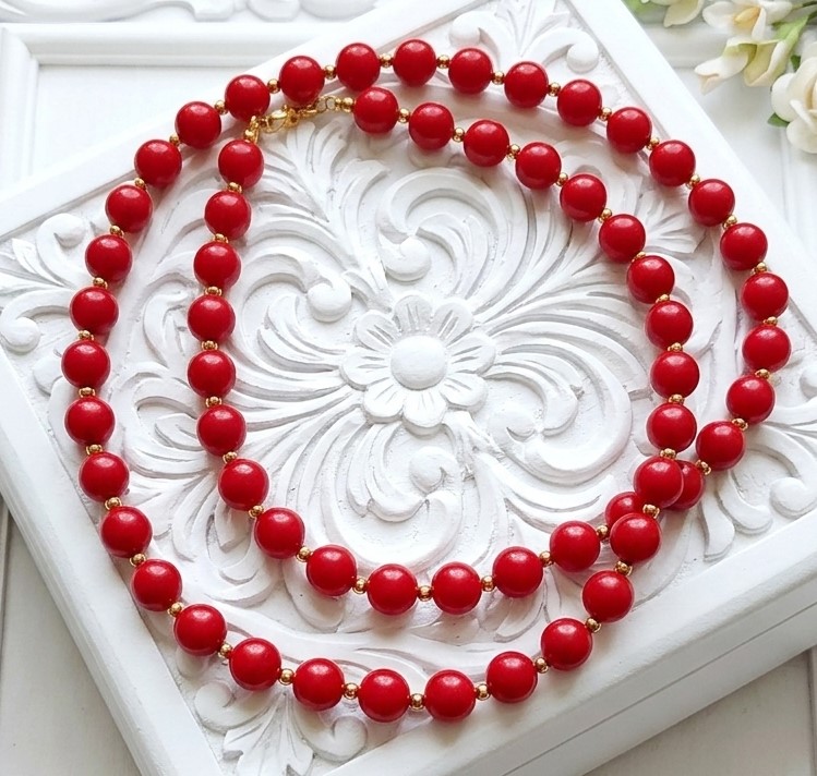 Monet designer red bead vintage necklace 29"
