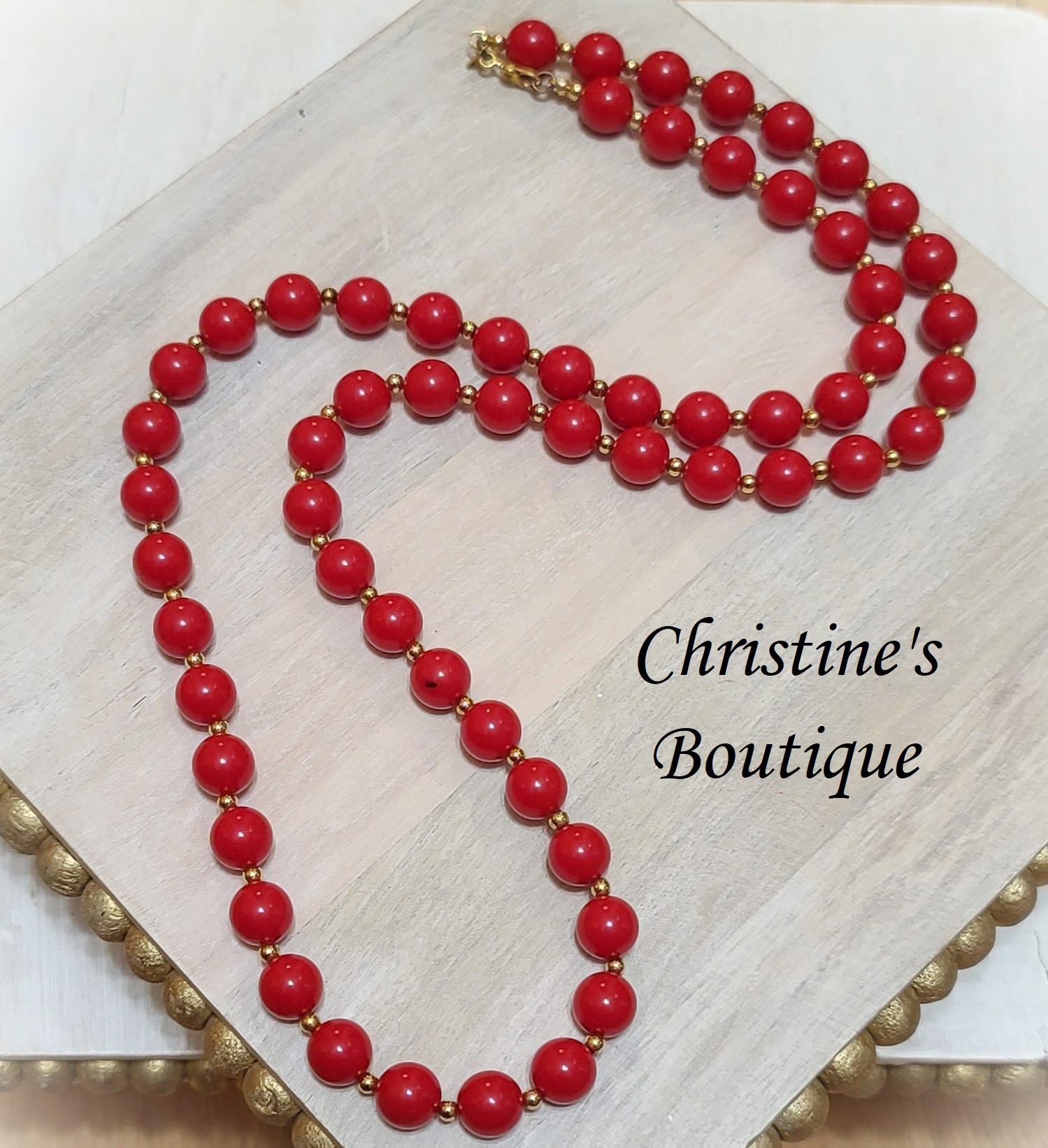 Monet designer red bead vintage necklace 29" - Click Image to Close