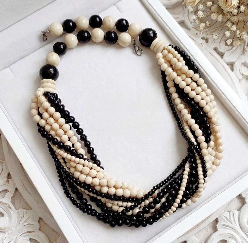 Black and Bone Color Mutli Strand Vintage Necklace