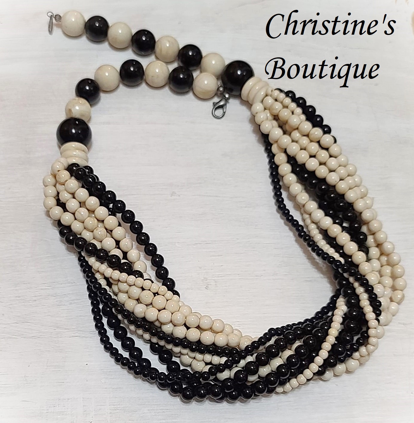 Black and Bone Color Mutli Strand Necklace - Click Image to Close