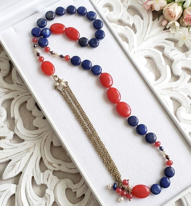 Gemstone handcrafted necklace, cherry quartz and blue lapis with side chain