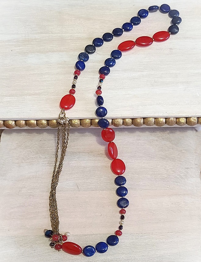 Gemstone handcrafted necklace, cherry quartz and blue lapis with side chain