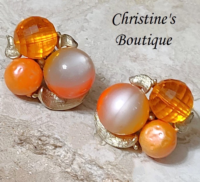 Orange beaded earrings, vintage clip ons