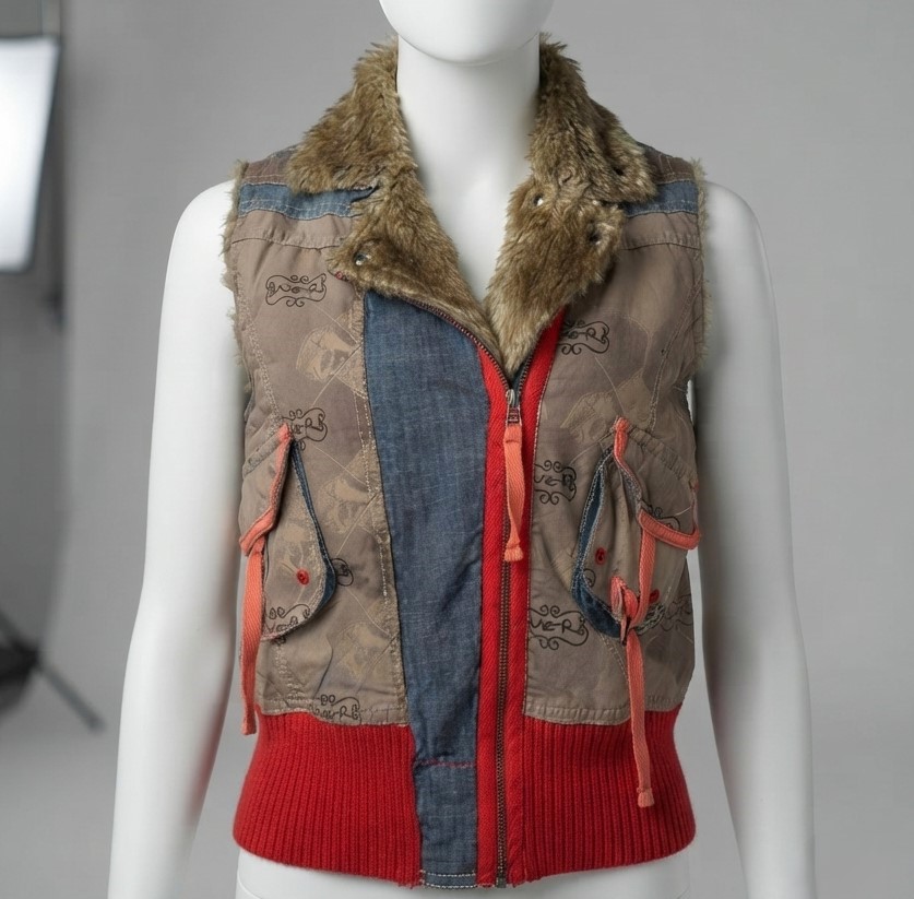 Vintage NWT Denim & Faux Fur Fitted Corset Laced Vest E.E.C.
