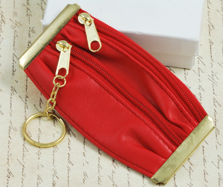 Double Compartment Coin Purse Keychain Vintage New -Red