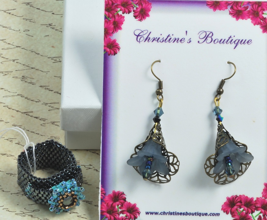 Antique Blue Petal Flower Filigree Dangle Earrings