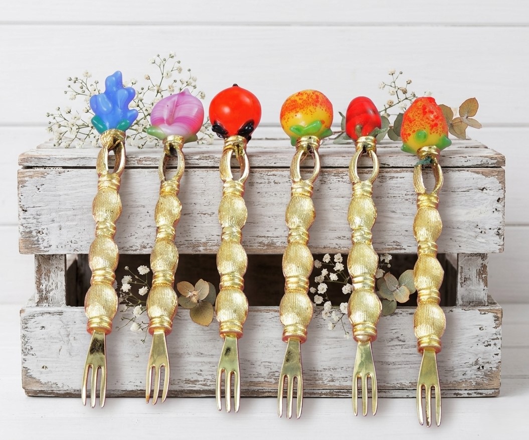 Vintage Italian Murano Glass Fruit Top Snack Forks Set of 6