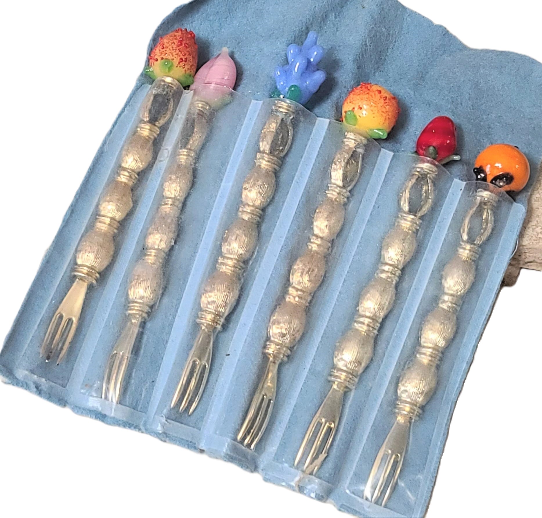 Italian Murano Glass Fruit Top Snack Forks Set of 6 - Click Image to Close
