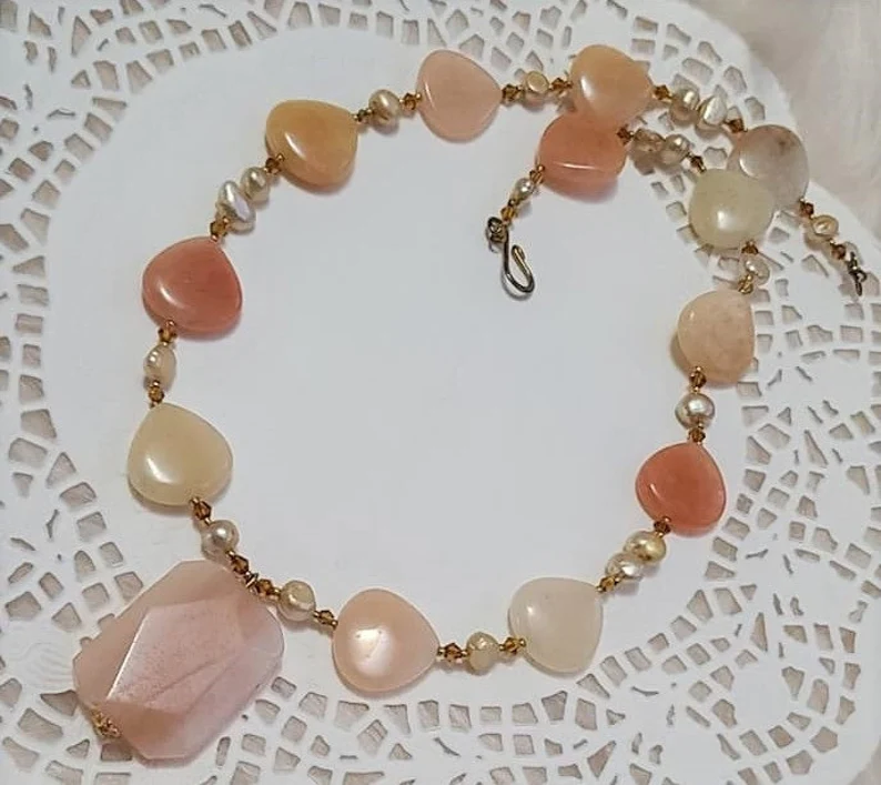 Yellow & Peach Jade with Freshwater Pearls Pendant Necklace