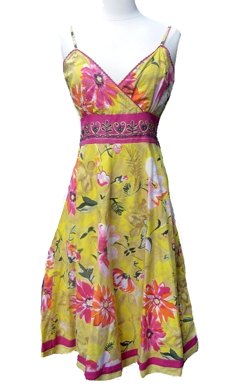 Pink Apple Embellished Waist Floral Yellow Sundress NWT - Click Image to Close