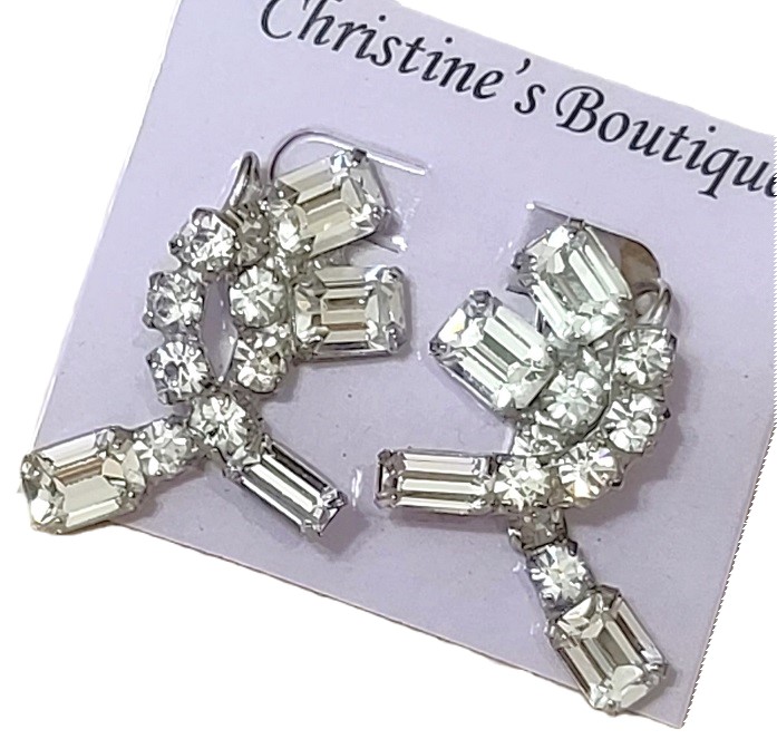 Rhinestone twist earrings, vintage clip ons