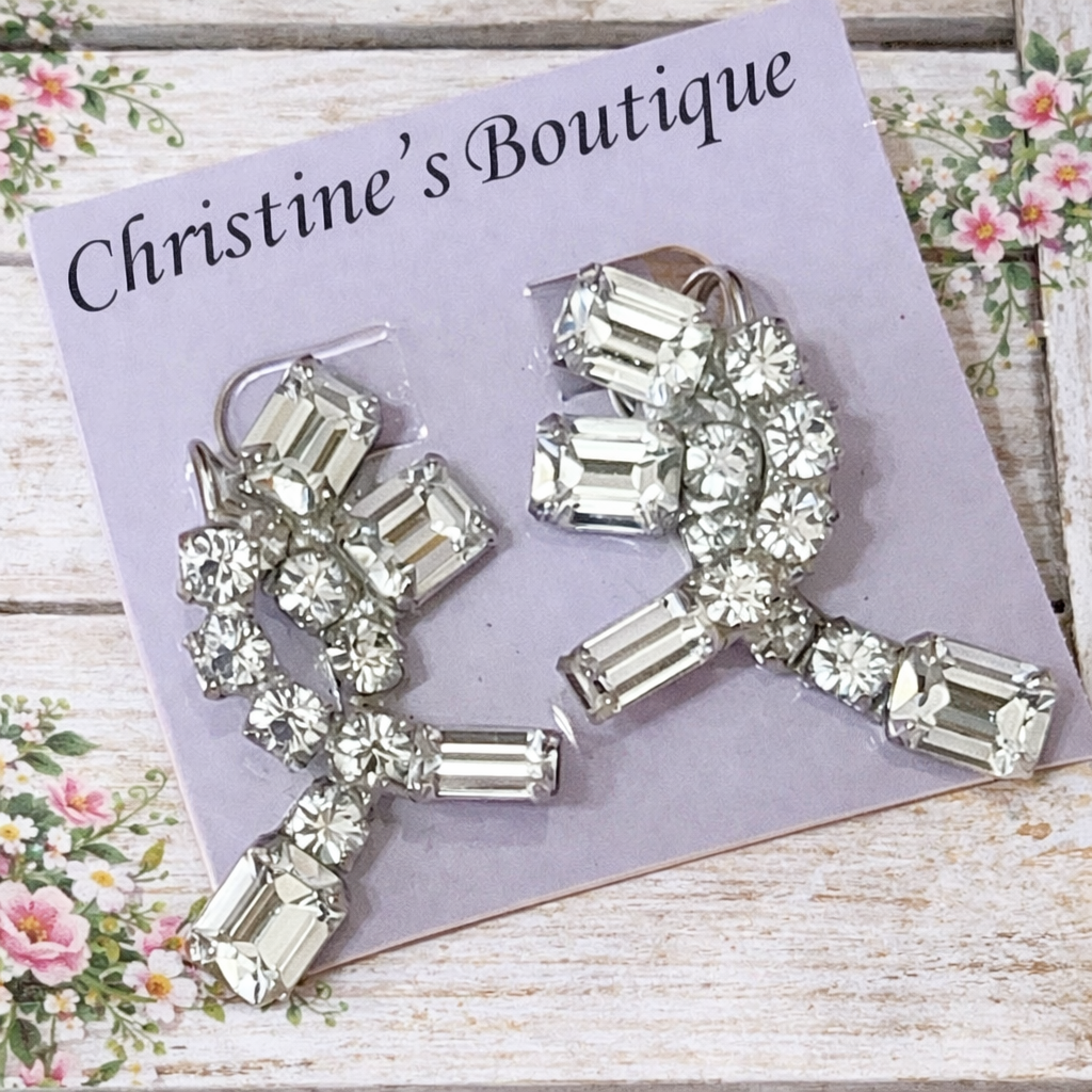 Rhinestone twist earrings, vintage clip ons