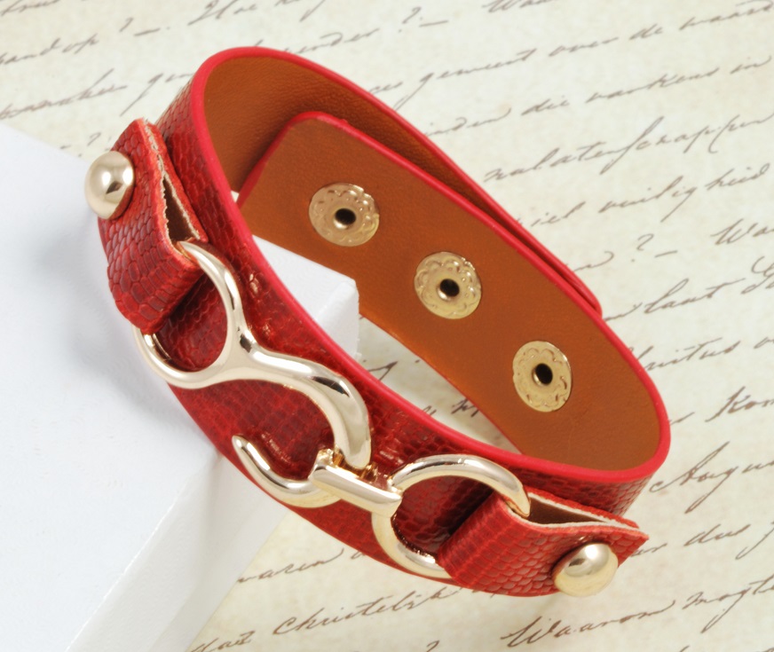 Animal Print Vegan Leather Band Style Bracelet - Color Red