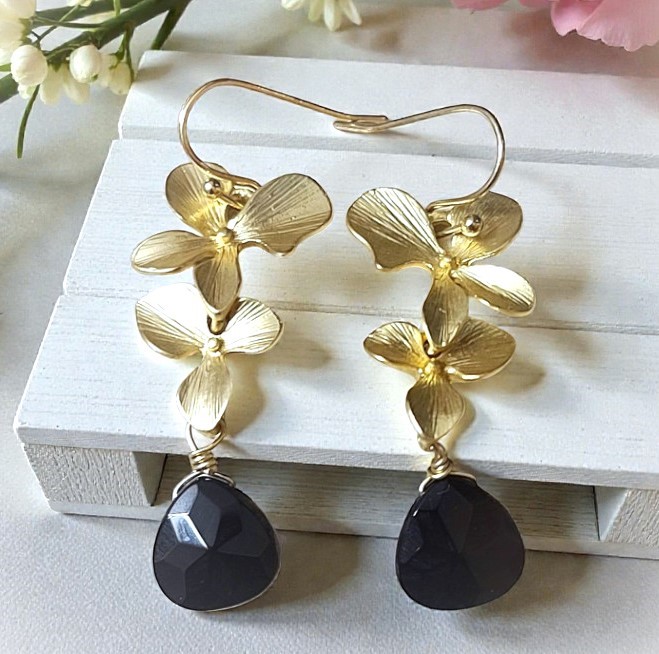 Orchid flower earrings with black onyx tear drop