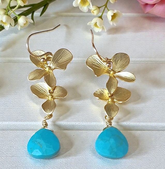 Orchid flower earrings with howilite gemstone tear drop